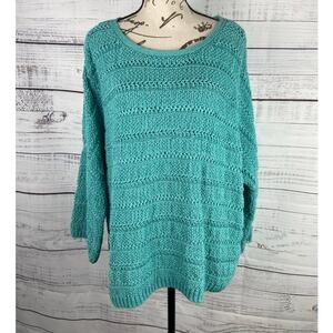 Chicos 3 Sweater Women XL Teal 3/4 Sleeve Shine Stitch Detail Cotton Lurex Blend